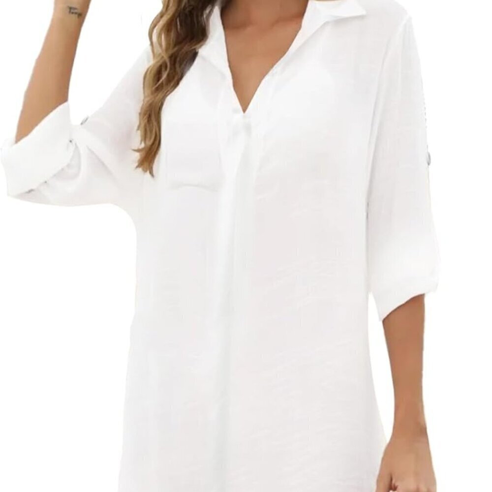 Swimsuit Coverup for Women V Neck Shirt Dress Bathing Suit Beach Cover Up 3/4 Sl